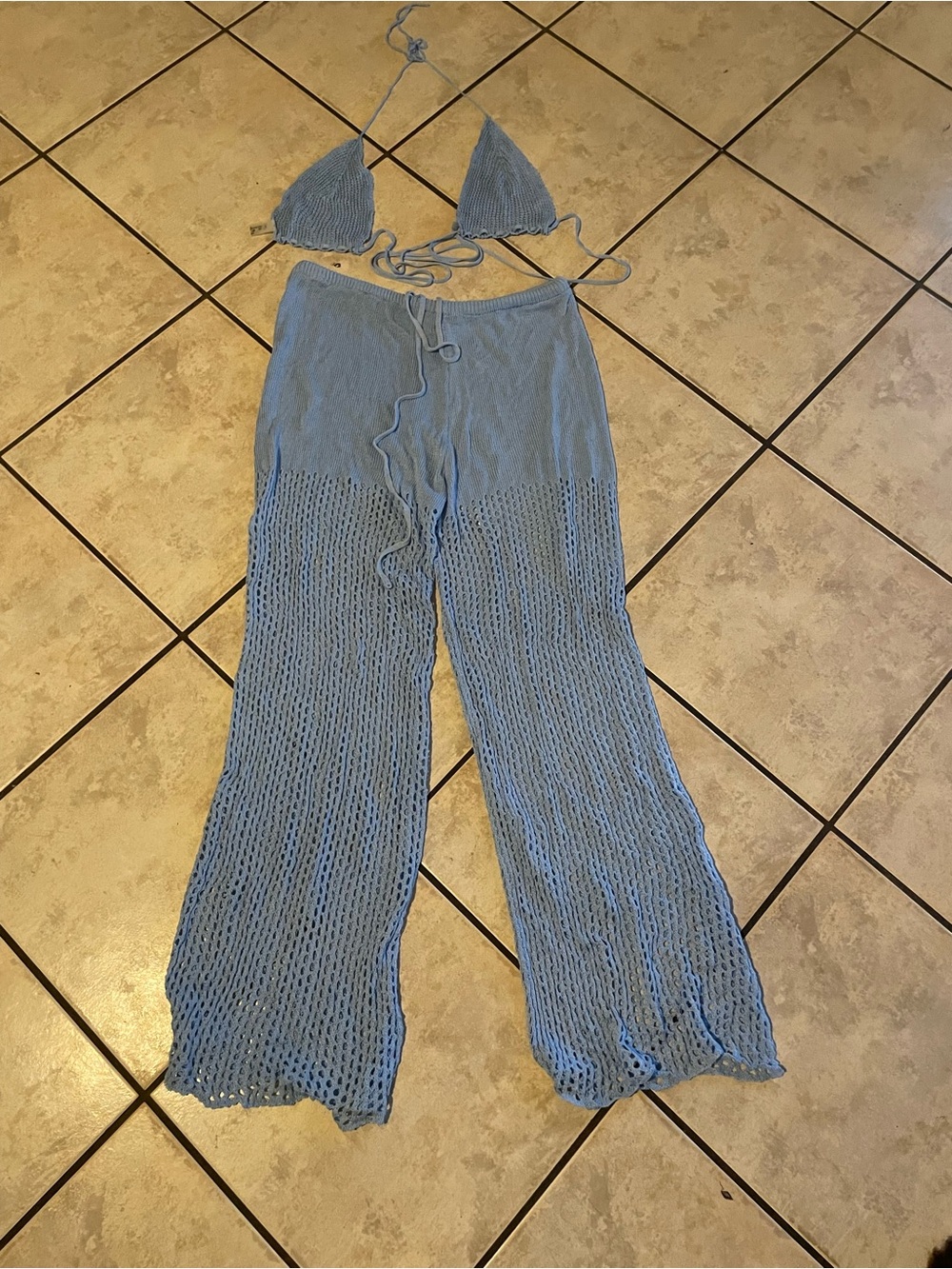 SHEIN Light Blue Crochet Wide-Leg Pants